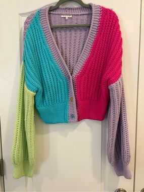Baevely Colorblock Cropped Chunky Knit Cardigan - Pink, Teal, Lime, Lavender